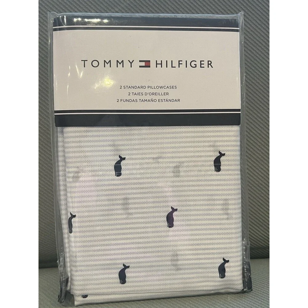 Tommy Hilfiger Standard Pillowcases Pair Whale Blue Stripe Cotton Blend New